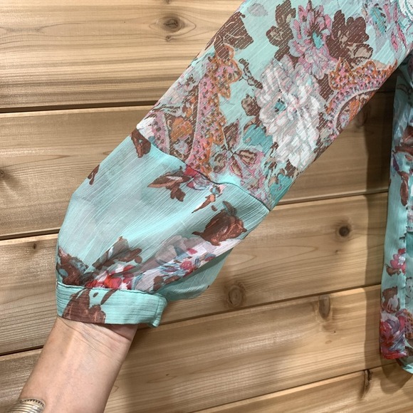 Figueroa & Flower Blouse Womens XL Teal Floral Sheer Button Front Paisley - Picture 5 of 11